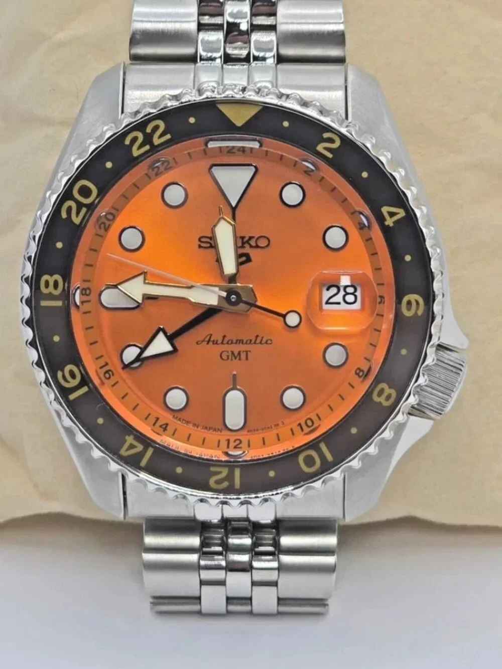 Seiko 5 Sports SSK005 Automatic GMT Orange Dial Mens Watch 43mm Steel Bracelet